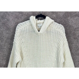 Lucky Brand Sweater Womens Medium Ivory Hooded Chunky Knit Wool Blend Pullover